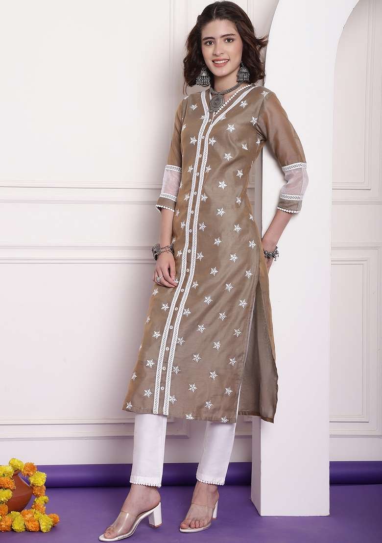Brown Embroidered Chanderi Kurta - Indya