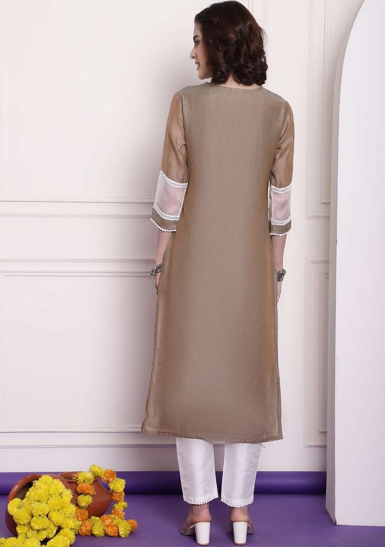 Brown Embroidered Chanderi Kurta - Indya
