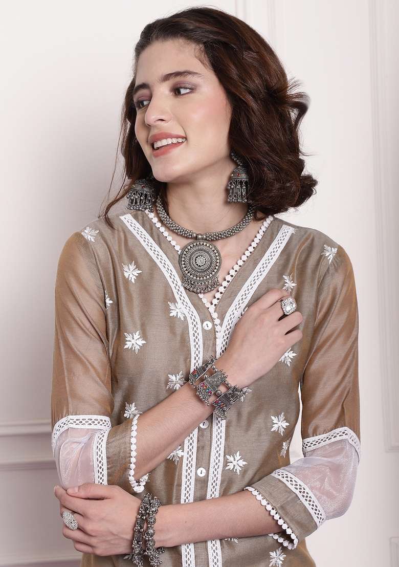 Brown Embroidered Chanderi Kurta - Indya