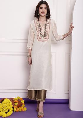 Cream Embroidered Chanderi Kurta
