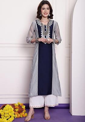 Grey Embroidered Chanderi Kurta