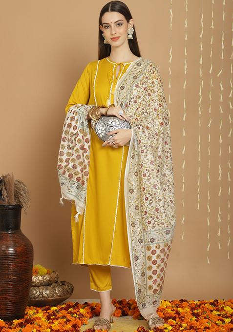 Mustard Yellow Hand Block Print Viscose Rayon Kurta Set