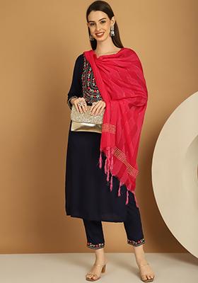 Navy Blue Embroidered Viscose Rayon Kurta Set