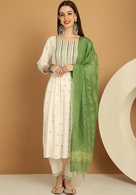 White Hand Block Print Viscose Rayon Kurta Set