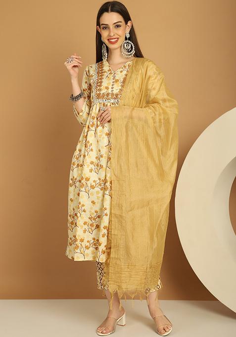 Brown Zari Work Cotton Kurta Set