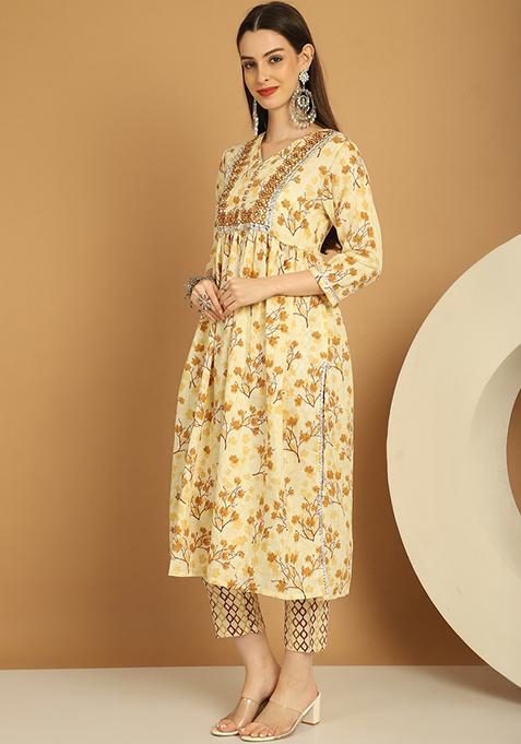 Brown Zari Work Cotton Kurta Set