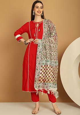 Red Hand Block Print Viscose Rayon Kurta Set