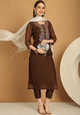 Brown Zari Work Chanderi Kurta Set