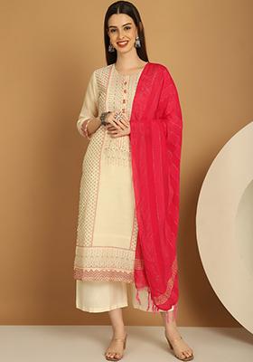 Cream Hand Block Print Chanderi Kurta Set