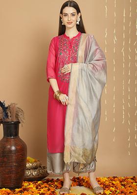 Fuchsia Pink Zari Work Chanderi Kurta Set