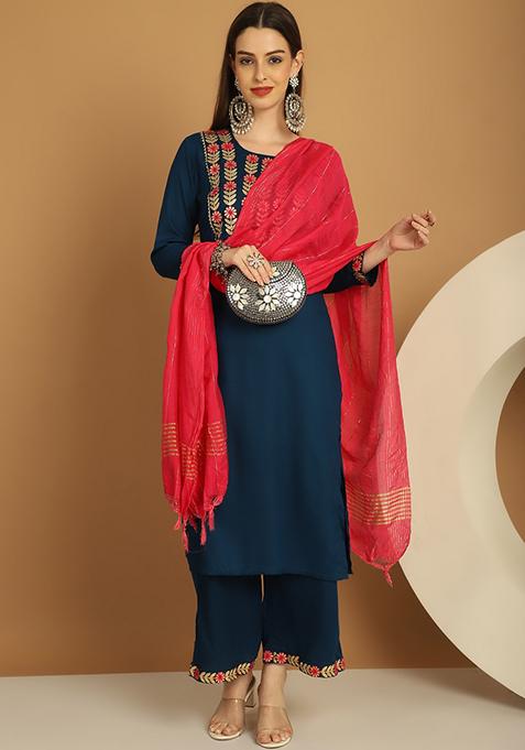 Blue Embroidered Viscose Rayon Kurta Set