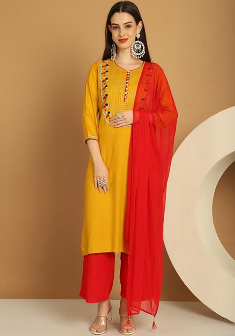 Mustard Yellow Embroidered Viscose Rayon Kurta Set