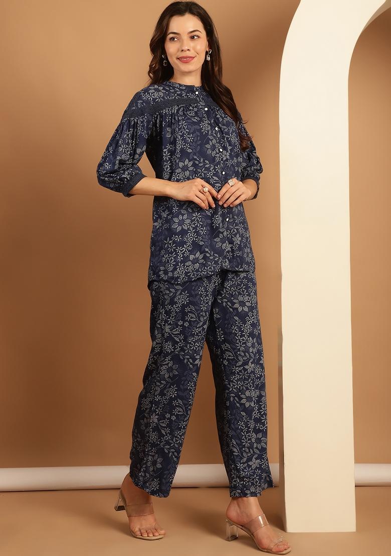 Blue Hand Block Print Viscose Rayon Coord Set - Indya