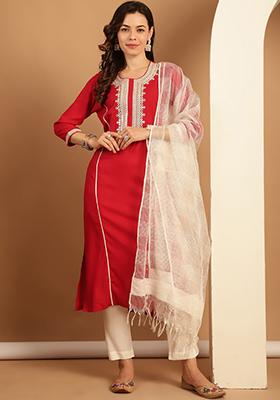 Red Embroidered Viscose Rayon Kurta Set