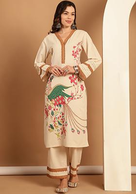 Beige Printed Cotton Kurta Set