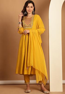 Mustard Yellow Embroidered Viscose Rayon Kurta Set