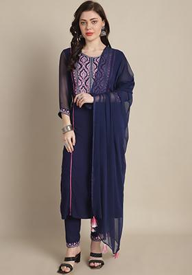 Navy Blue Embroidered Viscose Rayon Kurta Set