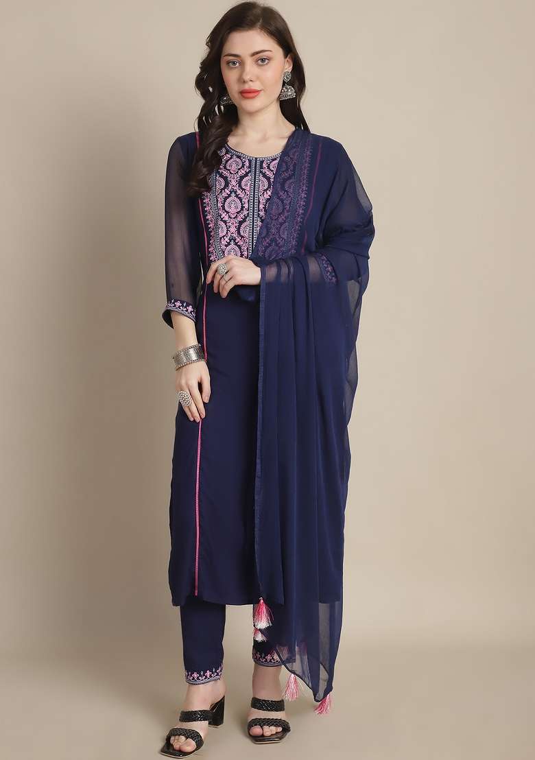 Navy Blue Embroidered Viscose Straight Kurta Set - Indya