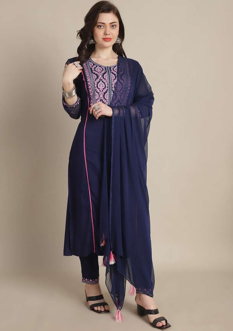 Navy Blue Embroidered Viscose Straight Kurta Set - Indya