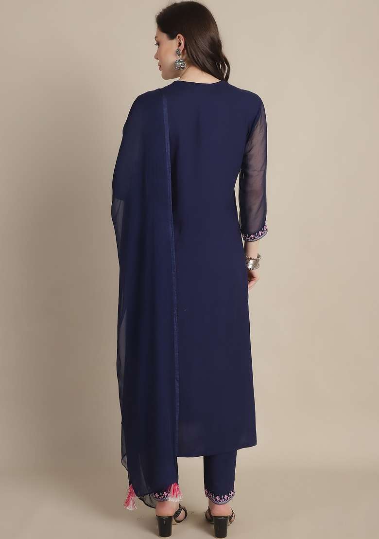 Navy Blue Embroidered Viscose Straight Kurta Set - Indya