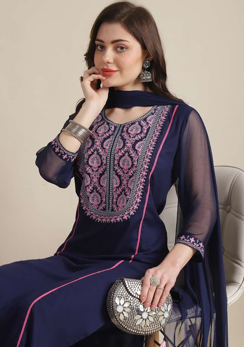 Navy Blue Embroidered Viscose Straight Kurta Set - Indya