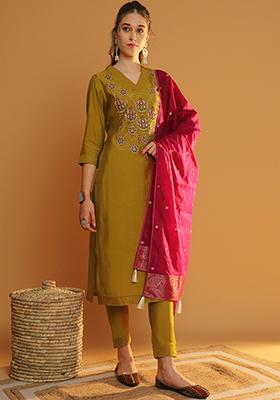 Mustard Yellow Embroidered Chanderi Kurta Set