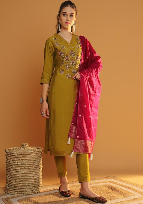 Mustard Yellow Embroidered Chanderi Kurta Set