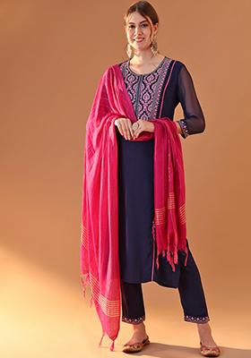 Navy Blue Embroidered Viscose Rayon Kurta Set