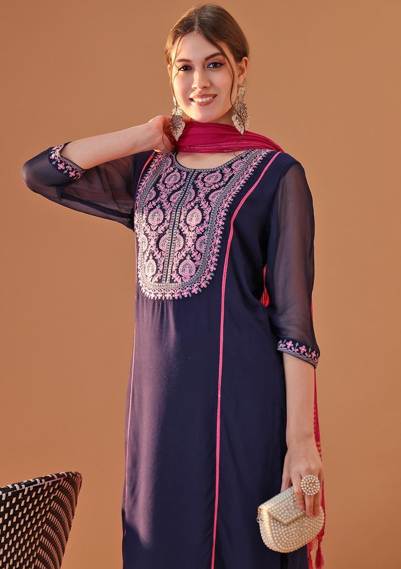 Navy Blue Embroidered Viscose Rayon Kurta Set - Indya