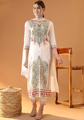 White Block Print Viscose Rayon Kurta Set