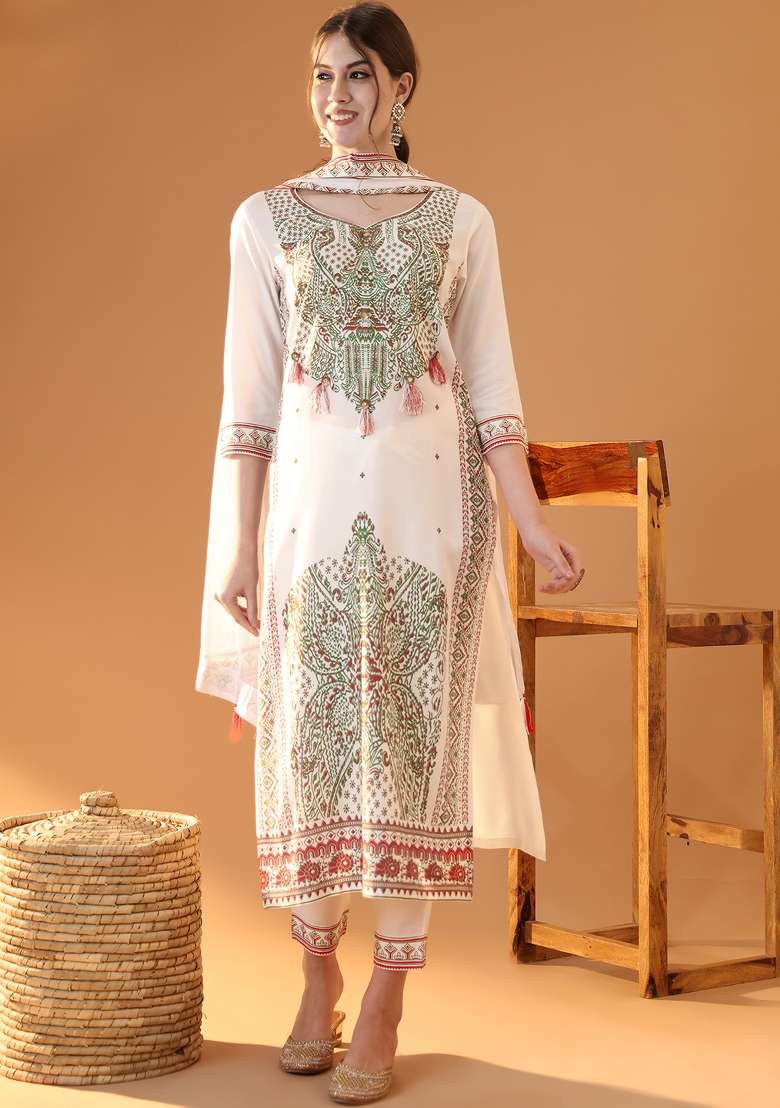 White Printed Viscose Straight Kurta Set - Indya