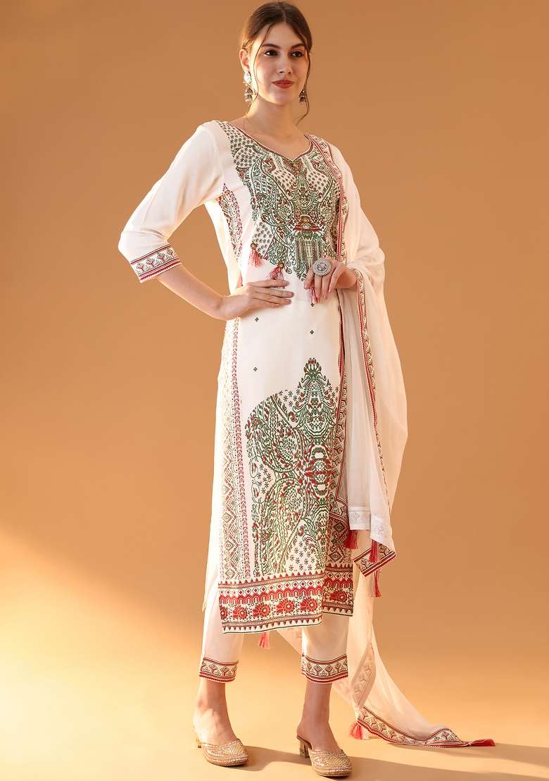 White Printed Viscose Straight Kurta Set - Indya
