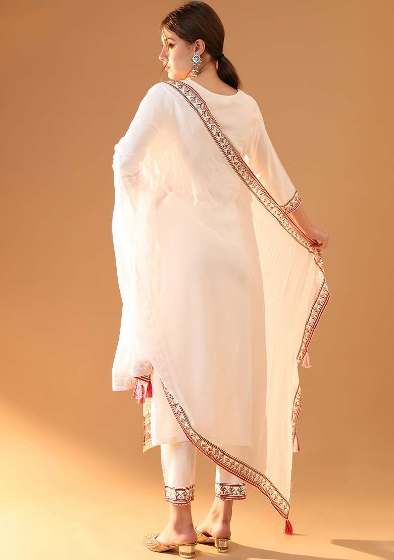 White Printed Viscose Straight Kurta Set - Indya