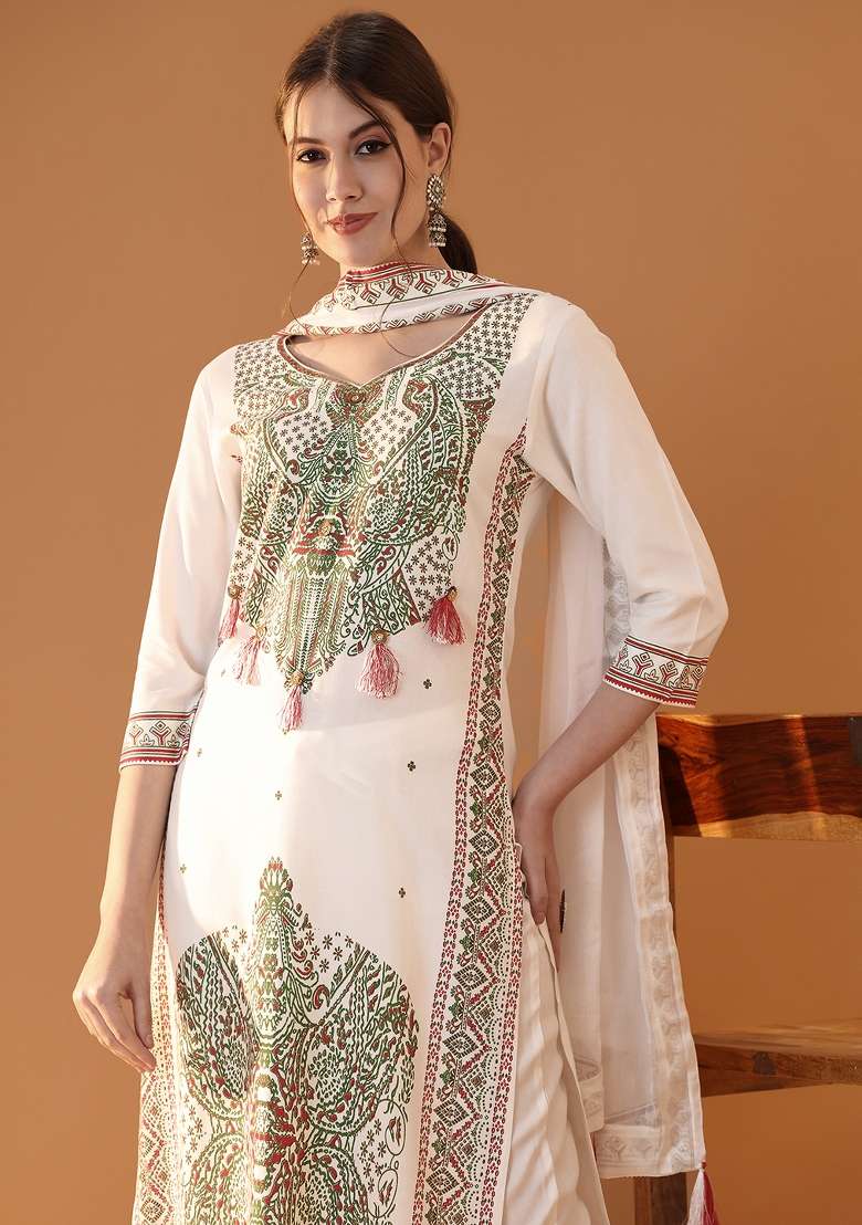 White Printed Viscose Straight Kurta Set - Indya