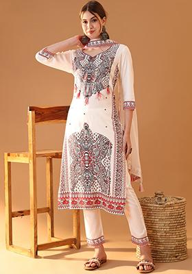 White Block Print Viscose Rayon Kurta Set