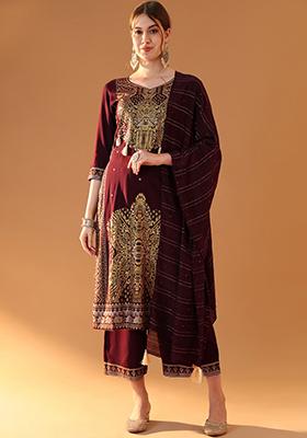 Maroon Block Print Viscose Rayon Kurta Set