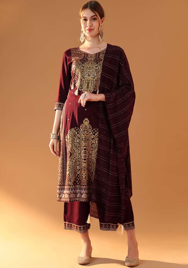 Maroon Embroidered Viscose Straight Kurta Set - Indya
