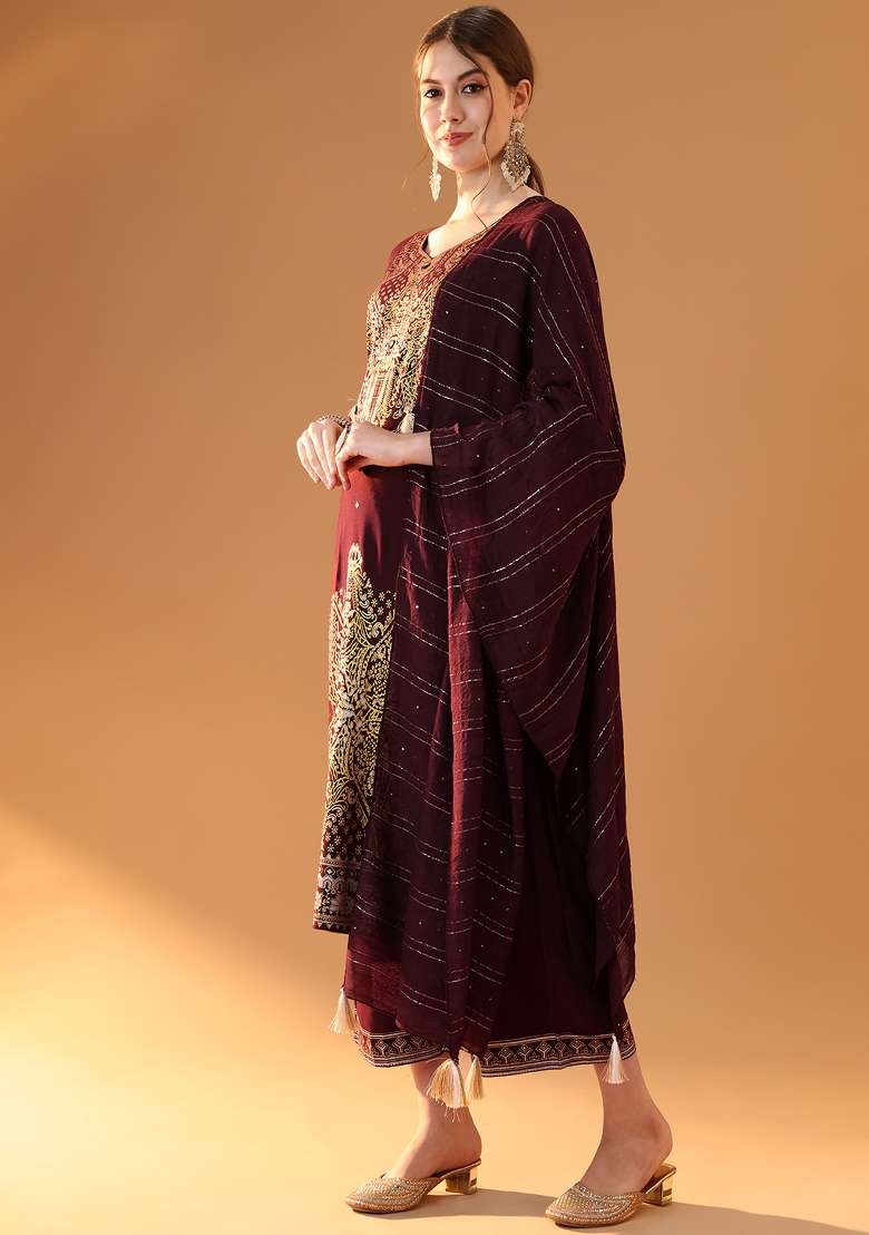 Maroon Embroidered Viscose Straight Kurta Set - Indya