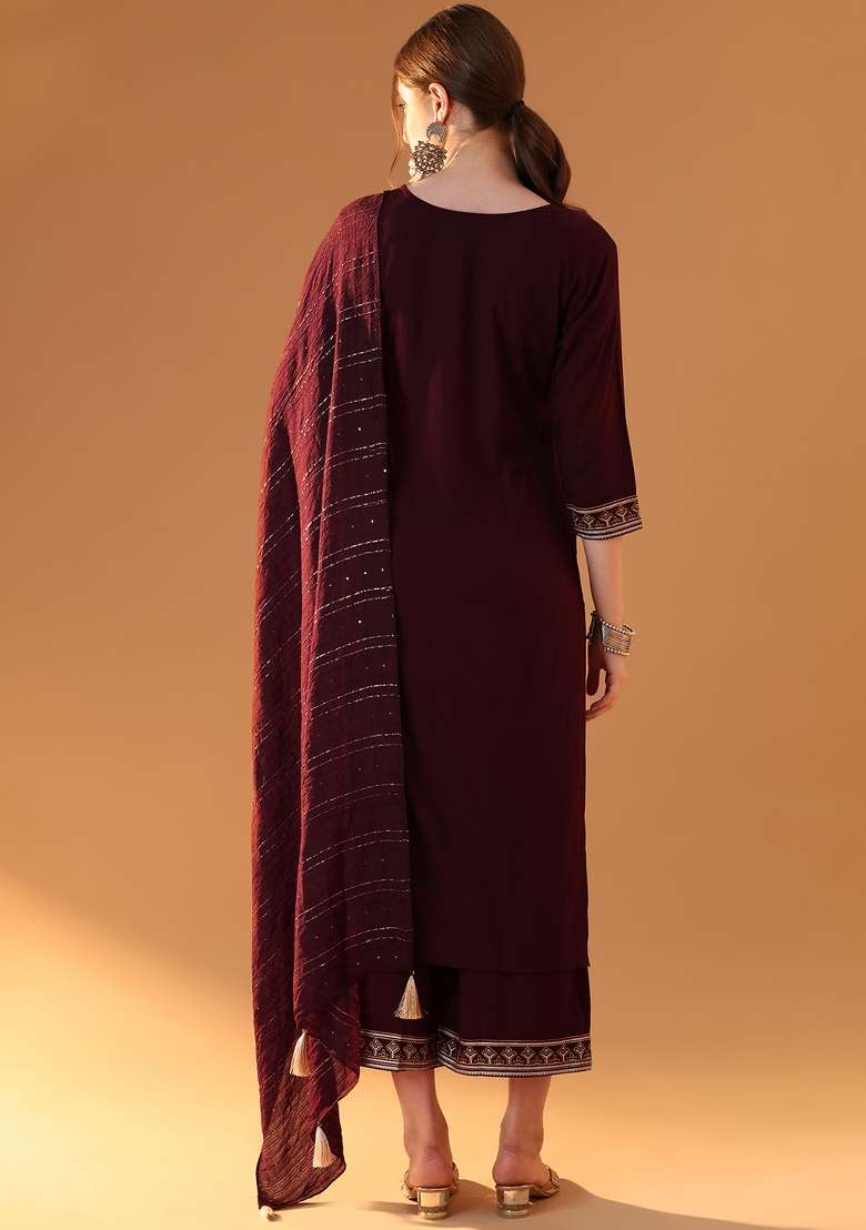Maroon Embroidered Viscose Straight Kurta Set - Indya