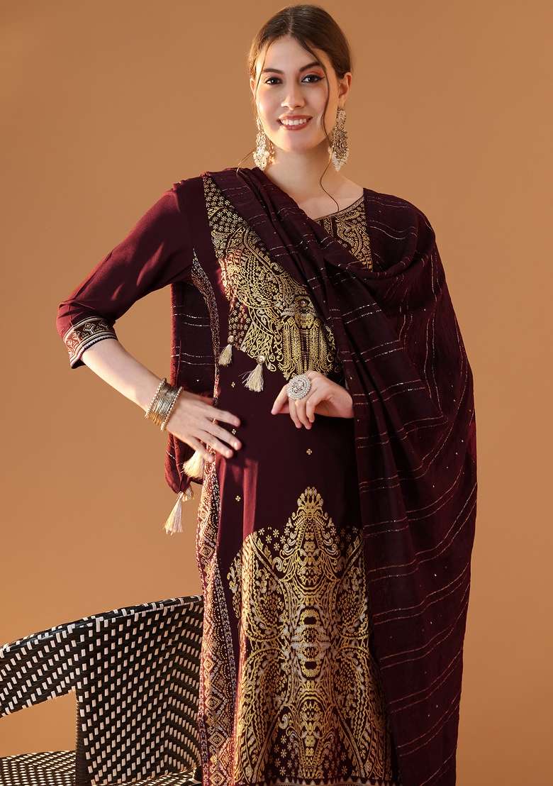 Maroon Embroidered Viscose Straight Kurta Set - Indya