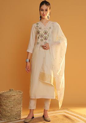 Cream Embroidered Chanderi Kurta Set