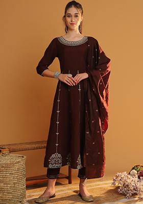 Maroon Embroidered Chanderi Kurta Set
