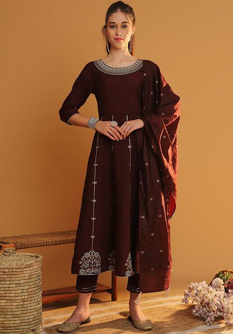 Maroon Embroidered Chanderi Kurta Set
