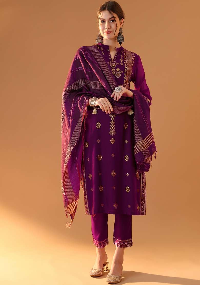 Violet Embroidered Viscose Pakistani Suit Set - Indya