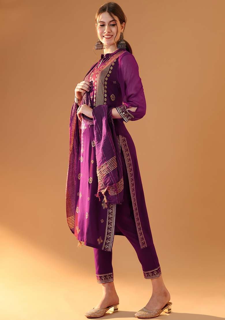Violet Embroidered Viscose Pakistani Suit Set - Indya