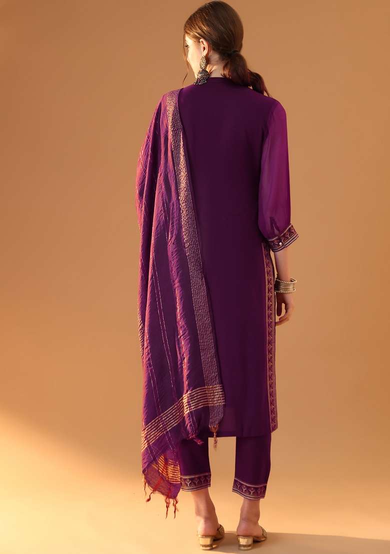Violet Embroidered Viscose Pakistani Suit Set - Indya