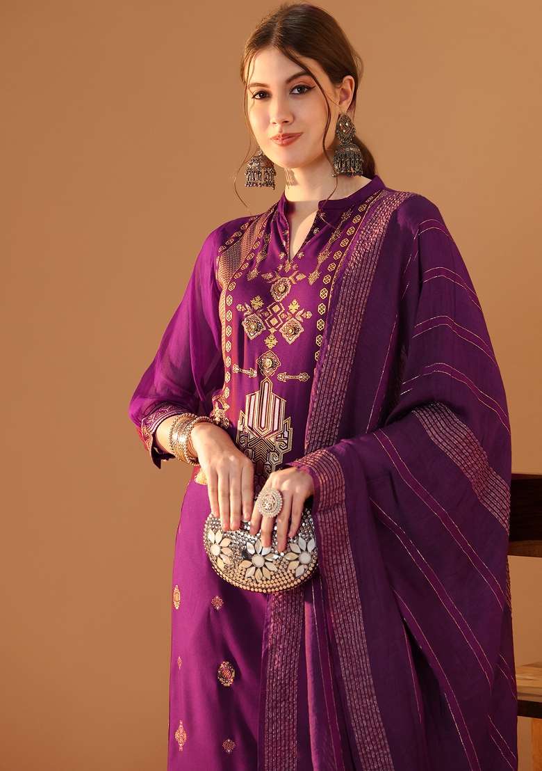 Violet Embroidered Viscose Pakistani Suit Set - Indya