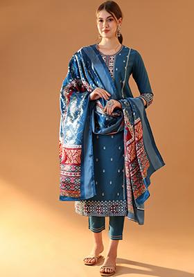 Teal Blue Embroidered Chanderi Kurta Set