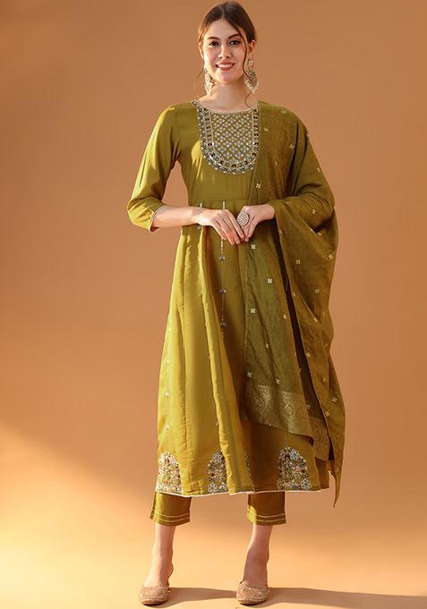 Mustard Yellow Embroidered Chanderi Kurta Set
