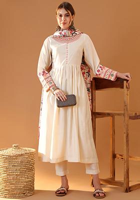 Cream Embroidered Chanderi Kurta Set